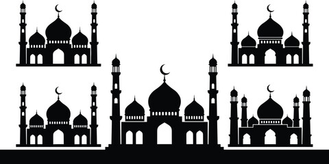 Black silhouettes of mosques with domes and minarets, crescent moon on against white background © Aysha