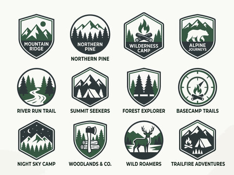 Set of 12 vintage outdoor adventure logos and badges with mountains, forests, wildlife, and camping icons in minimalist green and black.