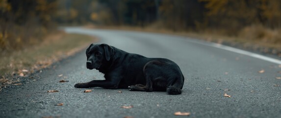 Obraz premium Black dog lying on the road surrounded by autumn foliage
