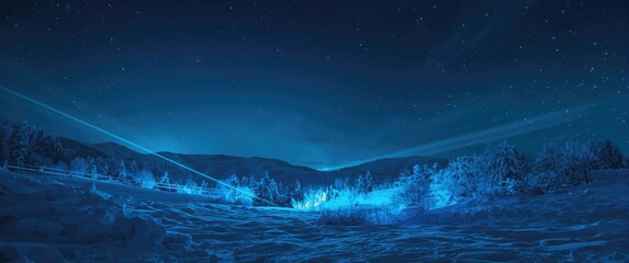 Naklejka premium Nighttime snowy landscape illuminated by bright blue neon rays beneath starry sky
