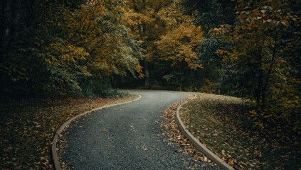 Naklejka premium Winding path through a forest with autumn foliage