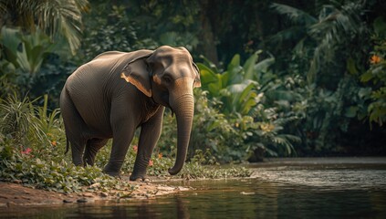 Obraz premium Sumatran elephant standing near riverbank in tropical vegetation