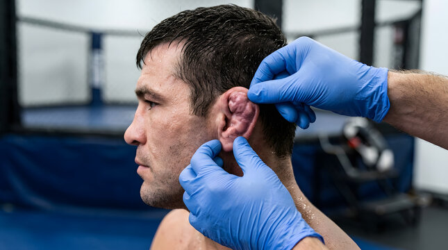Sports doctor inspecting cauliflower ear hematoma on MMA fighter at training facility