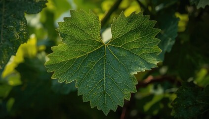 Fototapeta premium Green grape leaf with visible leaf veins on a vine