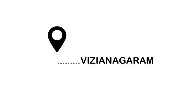 Black location pin with a dotted line leading to the word VIZIANAGARAM on a stark white background, signifying a geographical marker for a specific location or point of interest