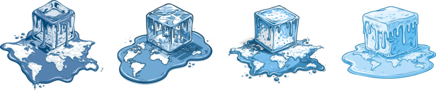 A dripping ice cube melts into a flat world map on a white background, showcasing a minimalist, bold line art design with cool geographic elements