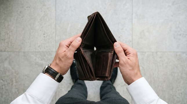 Businessman in formal suit holding an empty open brown leather wallet with bankruptcy financial business cashless