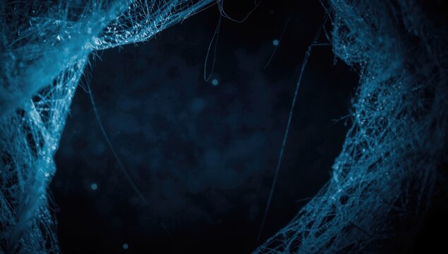Close-up of blue spider silk on dark background