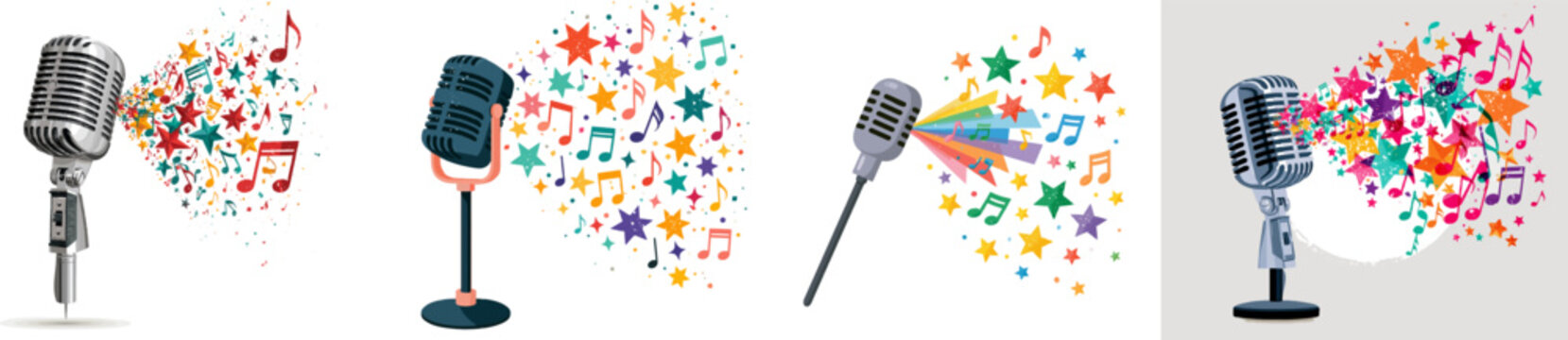 A vintage microphone emits vibrant, star-shaped soundwaves with musical notes, set against a minimalist, flat 2D vector illustration style