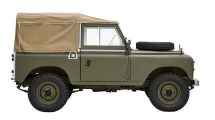 Obraz premium Olive green vintage off-road vehicle with tan canvas top