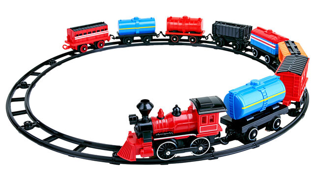 Toy train set with red engine and colorful carriages on track