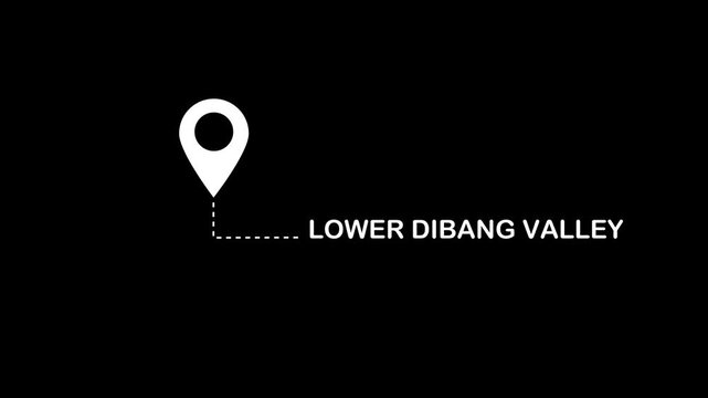 White location pin with a dotted line pointing to the text LOWERDIBANGVALEY on a black background, signifying a geographical area or travel destination. Keywords: location, pin, map