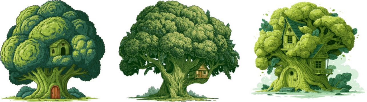 A whimsical broccoli tree adorned with a secret treehouse, depicted in a flat fairytale style with bold lines and vibrant greens against a white background