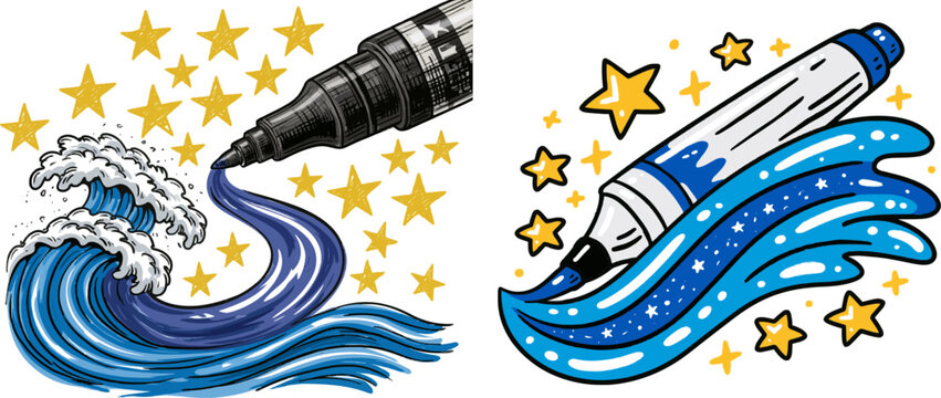 A vibrant marker pen draws a dynamic blue wave streak across a field of yellow stars in this bold graphic illustration