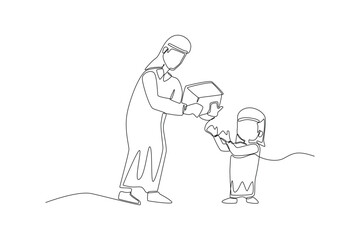 Obraz premium Continuous line drawing of an Arabian human father giving a gift box to his young son who reaches out his hands happily, capturing a sweet family moment in a clean minimalist vector style.