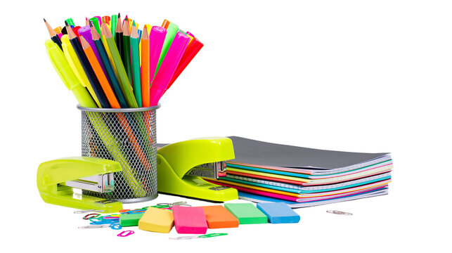 Desk supplies colorful pencils markers erasers staplers notebooks, paper clips