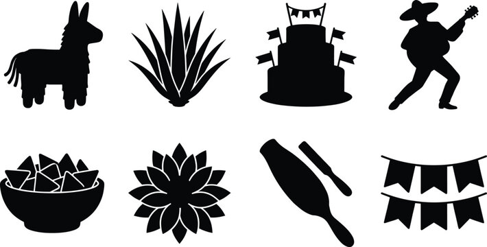Mexican fiesta celebration vector silhouette icon set featuring pinata mariachi nachos agave and party decorations