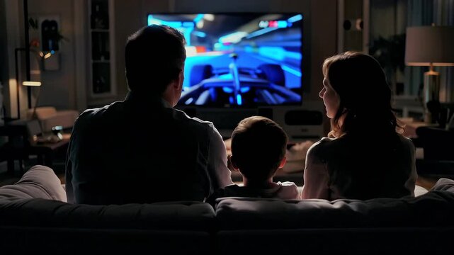 Family with son playing racing video game on console, rear view in living room at night indoors, capturing home entertainment, parent-child bonding, digital leisure, teamwork and shared family fun.