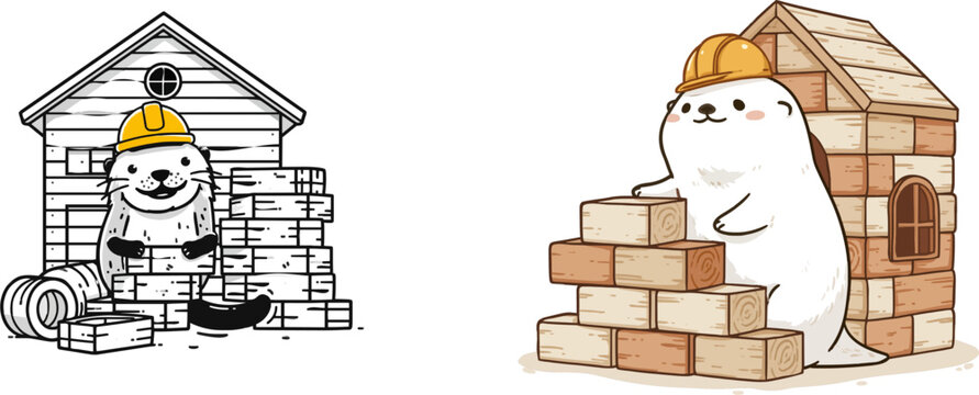 A charming otter in a yellow builders hat happily assembles a whimsical wooden toy house using giant blocks, all set against a clean white background
