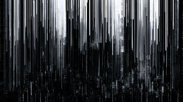 A glitchy black and white background with vertical stripes and analog static