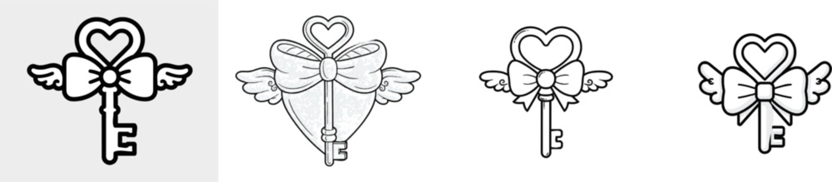 A charming skeleton key adorned with a heart-shaped bow and delicate wing accents is depicted in a minimalist 2D vector doodle style, exuding elegance suitable for apparel design against an isolated