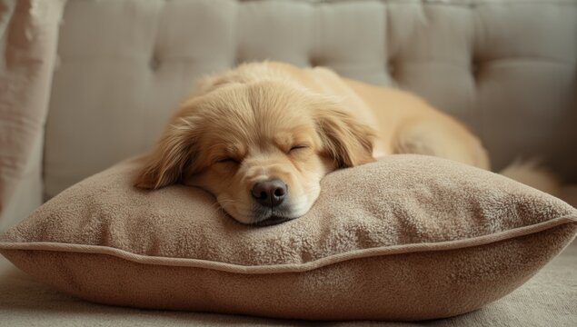 Peaceful dog closes eyes and naps on a plush couch pillow