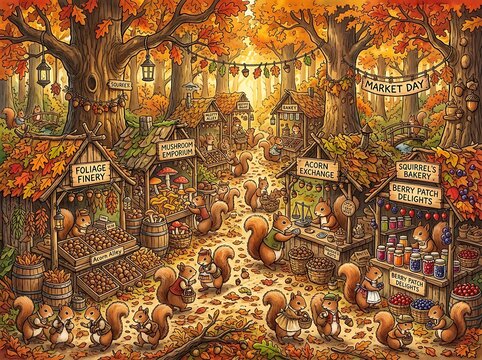 Busy squirrel forest market fair