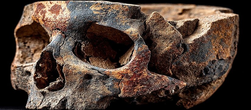 Ancient human skull fragment with weathered bone and eye socket detail