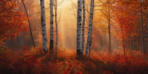 Fototapeta premium Richly colored autumn forest featuring majestic birch trees and distinctive bark textures