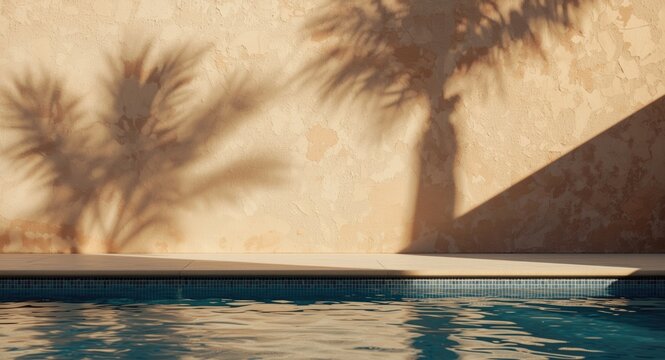 luxury hotel poolside scene with plaster wall and palm shadow on a summer day
