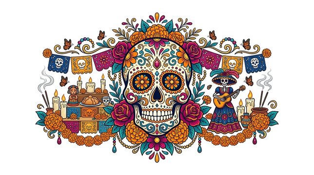 Vibrant sugar skull with traditional altar and catrina illustration