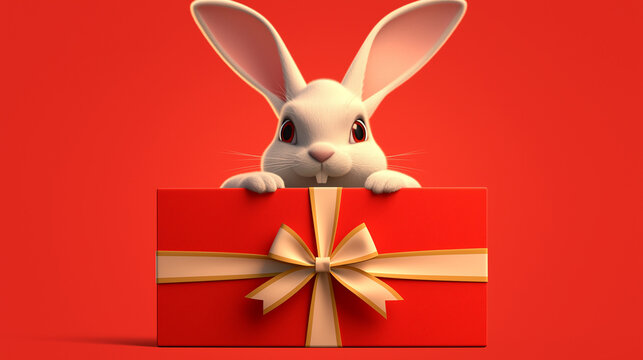 White rabbit with a big red gift box isolated on red