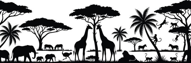 Black silhouette of savannah animals and trees on white background, silhouettes © Aysha
