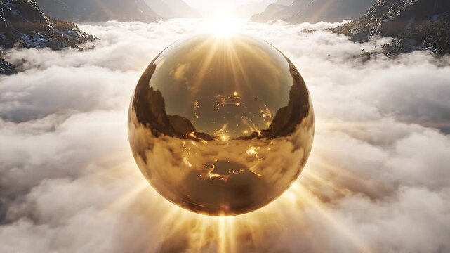 Golden reflective sphere above cloud layer with mountain peaks in background