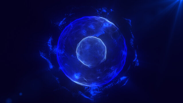 Neon glowing abstract sphere animation, futuristic blue particle field background, digital technology loop motion graphic, plasma circular ring