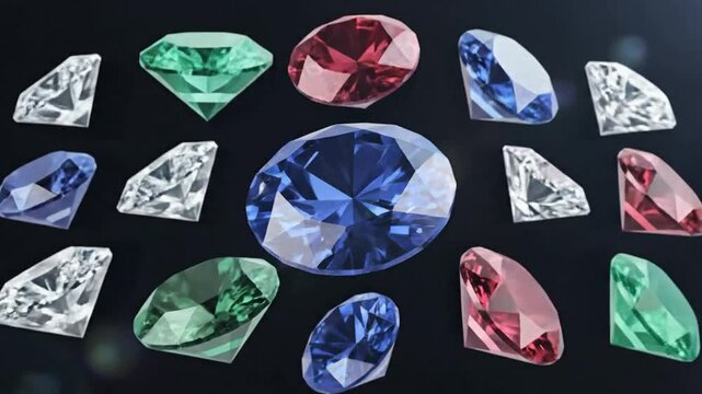 Sparkling Colorful Gemstone Collection: Floating Brilliant Jewelry in Dark Space