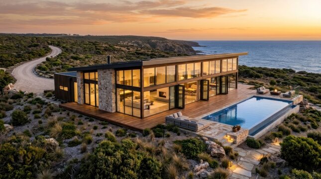 A modern house with large glass windows and a wooden deck overlooking the ocean at sunset. The house is surrounded by greenery and has a swimming pool in the foreground.