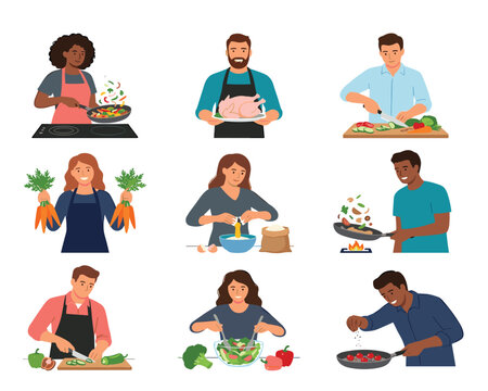 Diverse group of people cooking and preparing healthy food collection. Frying pan, cutting vegetables, tossing salad, raw chicken, flour, apron, flat vector illustration.