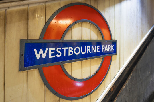 London Underground roundel sign at Westbourne Park station. London, UK, 31 December 2023