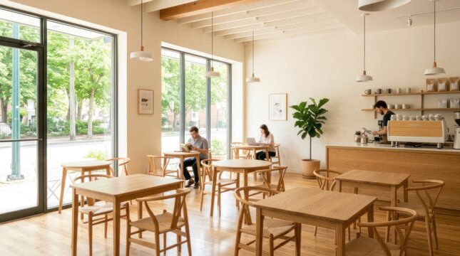 A cozy caf? interior with wooden furniture, large windows, and a person reading a book at a table. The space is well-lit with natural light, and there are plants and shelves with cups 