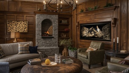 Obraz premium Cozy and stylish lounge boasting a stone hearth and wall-mounted log display