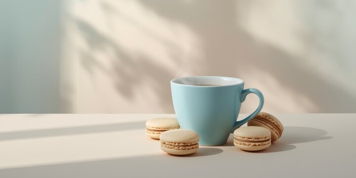 Soft pastel backdrop featuring delicate blue coffee cup and creamy beige macarons with shadows