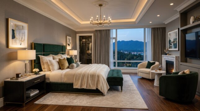 A luxurious bedroom with a large bed, elegant furniture, and a view of mountains and a cityscape at dusk. The room features a high ceiling with recessed lighting, a chandelier, and a fireplace. 