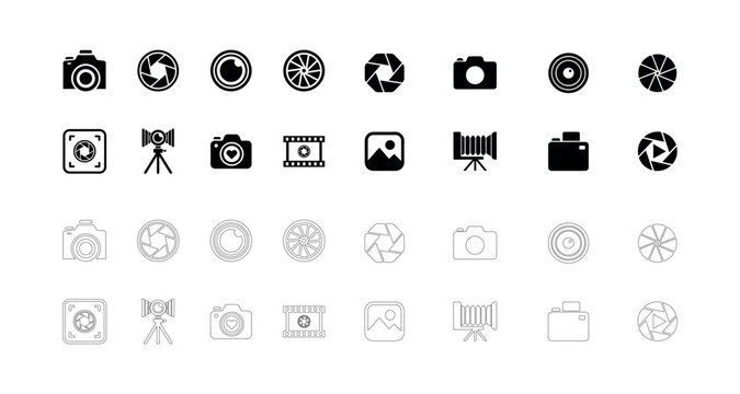 Camera and photography icons set solid and line art style on transparent background including cameras lenses aperture film and photo frames.