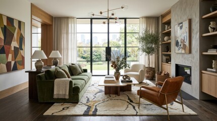 Fototapeta premium A modern living room with a large window overlooking a cityscape, featuring a green sofa, a white armchair, a wooden coffee table, and a fireplace with built-in shelves. 