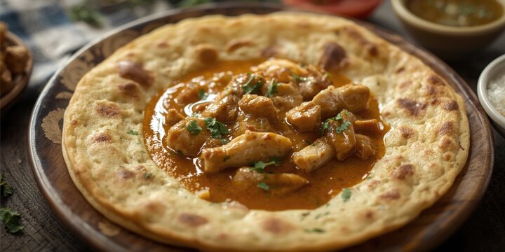 Tender layered flatbread made from maida flour accompanied by chicken gravy