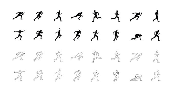 Running athlete silhouette collection showing various sprinting positions and jogging motions for sports marketing fitness apps and athletic event posters.