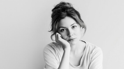 Fototapeta premium Woman with bun hairstyle resting hand on face, gazing pensively. A candid black and white portrait focusing on human emotion
