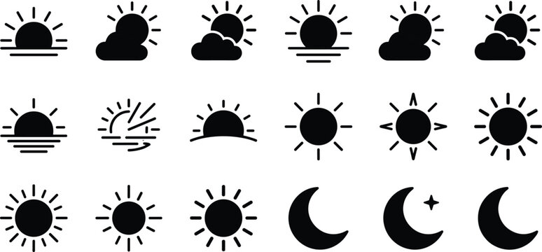 Weather black silhouettes on white background, sun, moon, clouds, and sun phases weather black white background