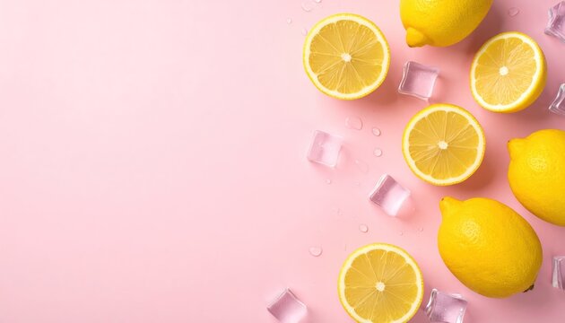 Fresh lemons and ice cubes arranged on a vibrant pink background, top view.